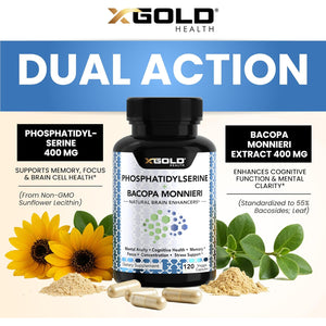 Phosphatidylserine & Bacopa Monnieri 800 Mg 2 in 1 Supplement - Natural Brain Enhancer/Nootropic for Enhanced Focus and Concentration, Memory Support, & Cognitive Function - 120 Vegetarian Capsules