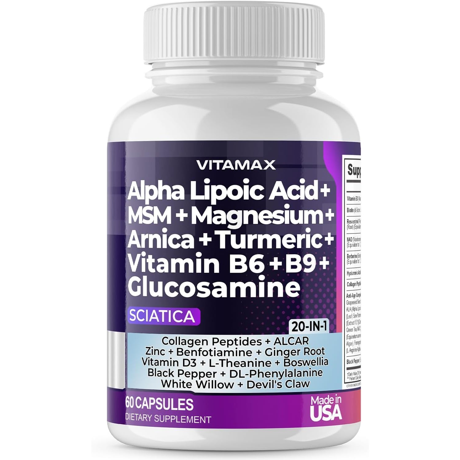 Sciatic Nerve Health Support - Sciatic Nerve Supplement Capsules with Folic Acid, Pea, Glucosamine, MSM, Vitamin B Complex, Alpha Lipoic Acid 300Mg – 60Ct – Made in USA