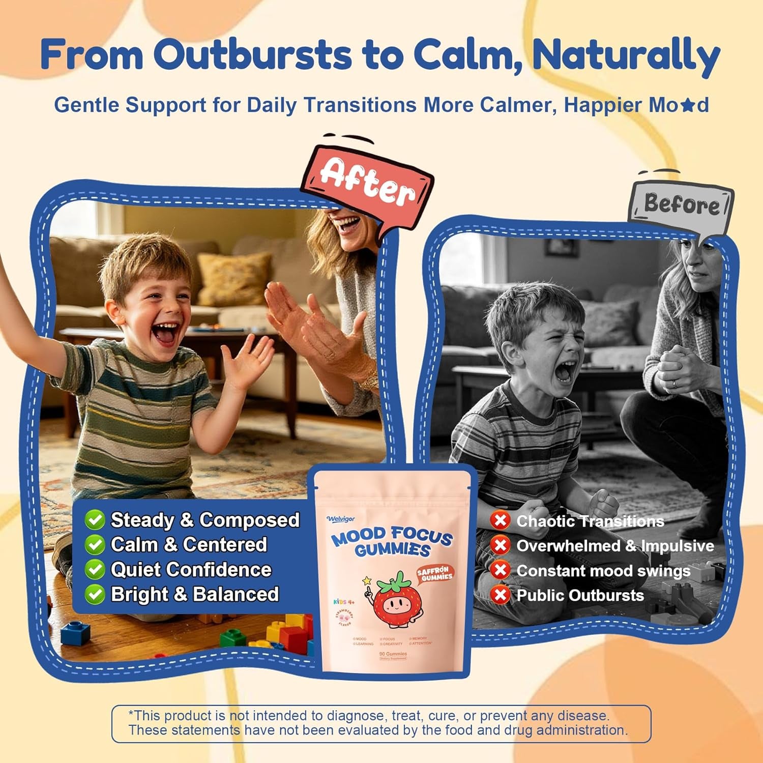 Kids Saffron Gummies: Mood Focus Support with Magnesium Glycinate, L-Theanine for Calm & Sleep, PS, Lion'S Mane, Choline Brain Support for School Concentration & Attention, Sugar Free, 90 Ct