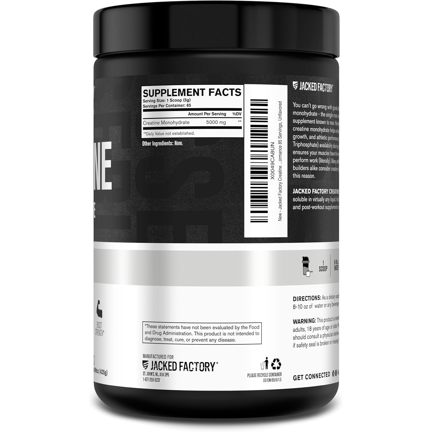 Jacked Factory Creatine Monohydrate Powder 425G - 5G Daily Creatine Supplement for Men and Women, Vegan-Friendly, Third-Party Tested - 85 Servings, Unflavored