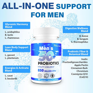 Probiotics for Men, Advanced 50+ Mens Probiotic, Comprehensive Gut & Energy Support with 850 Billion CFU, 1800Mg Prebiotics Fiber – Tailored Wellness Mens Probiotics for Gut Health over 50, 90 Capsule