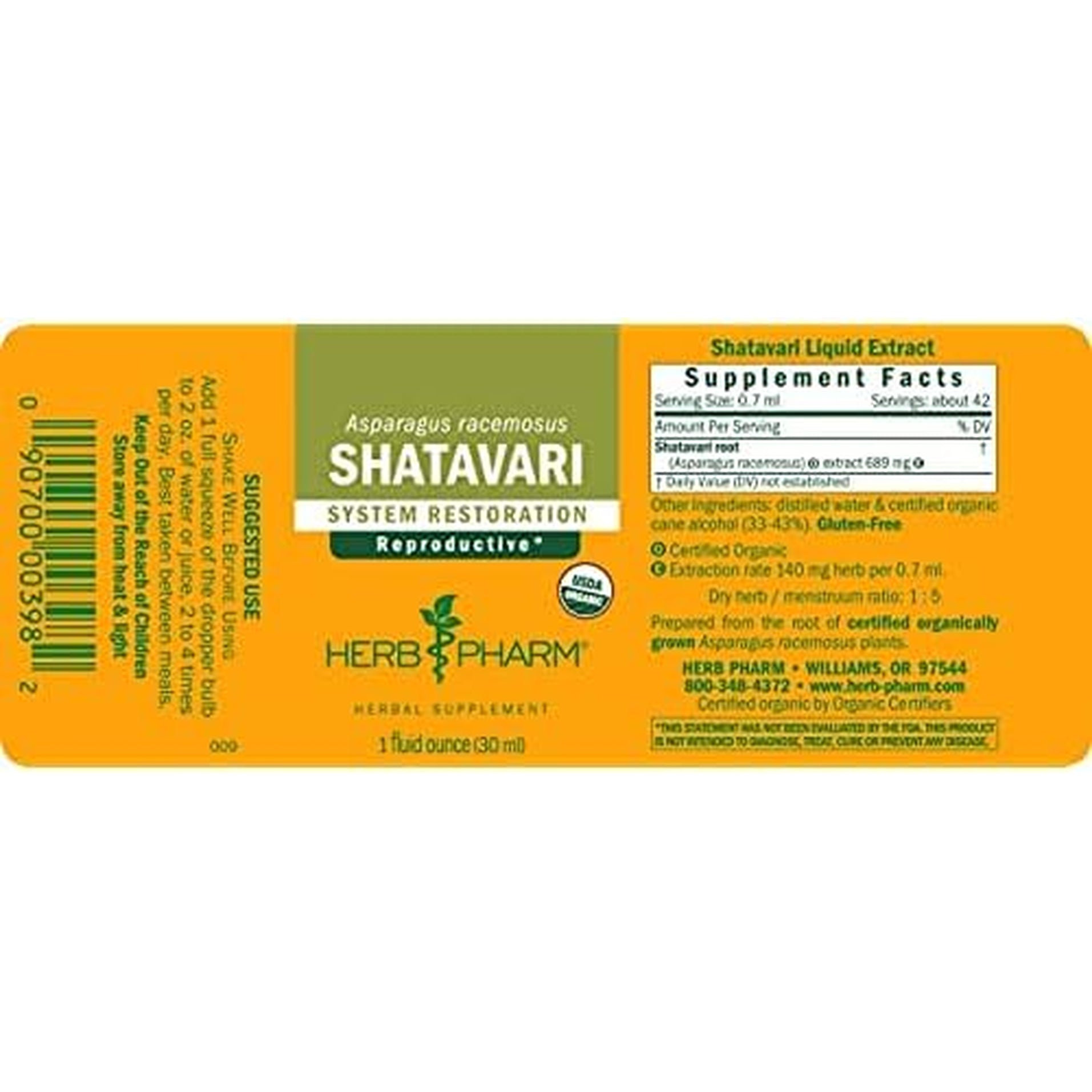 Herb Pharm Certified Organic Shatavari Liquid Extract Drops for Female Reproductive System Support, 1 Oz