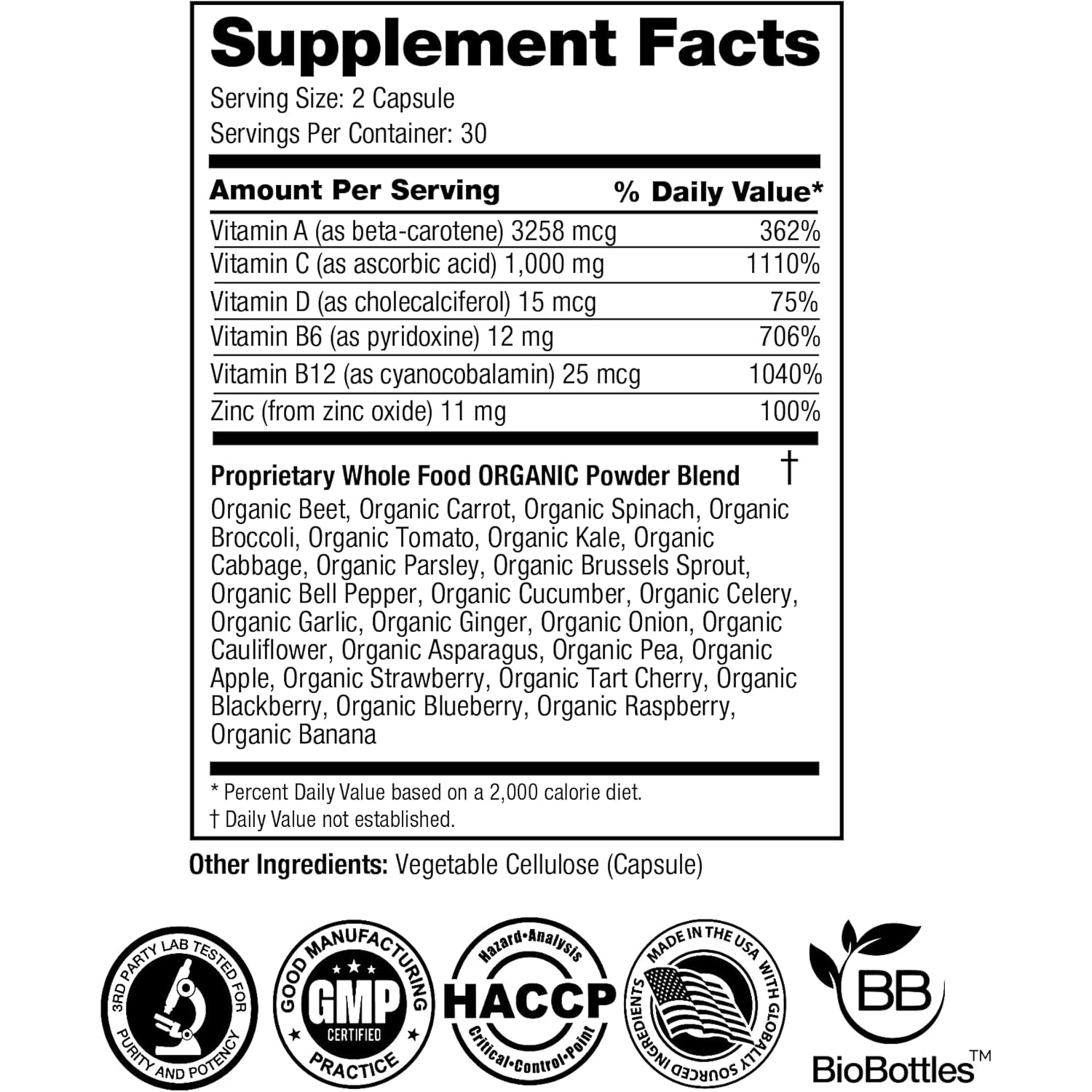 Feelgood Superfoods 1000Mg Immune Support Capsules Made with 25 Organic Fruits and Vegetables, Strong Immunity Boosters with Vitamins A, C, D3, and Zinc, 60 Count