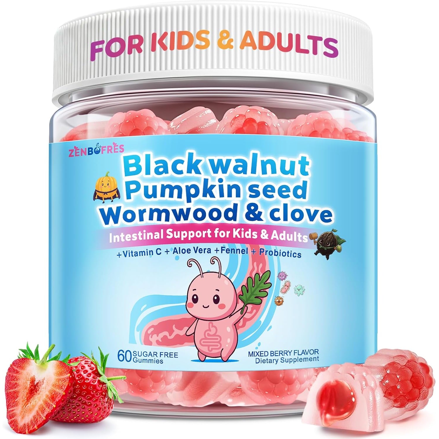 Wormwood Black Walnut Clove Para Clean for Humans & Kids, Herbal Gut Health Gummies with Wormwood, Pumpkin Seeds, Vitamin C, D3, Zinc, Probiotics for Natural Gut Cleanse, Immune Support - 60 Gummies