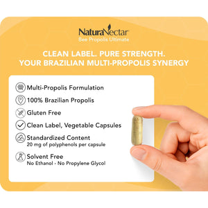 Naturanectar - Ultimate Bee Propolis Capsules - NSF Contents Certified -Brazilian Red, Brown, & Green - Gluten-Free Supplement with Flavonoids - Naturally Sourced through Ethical Beekeeping (60Pcs.)