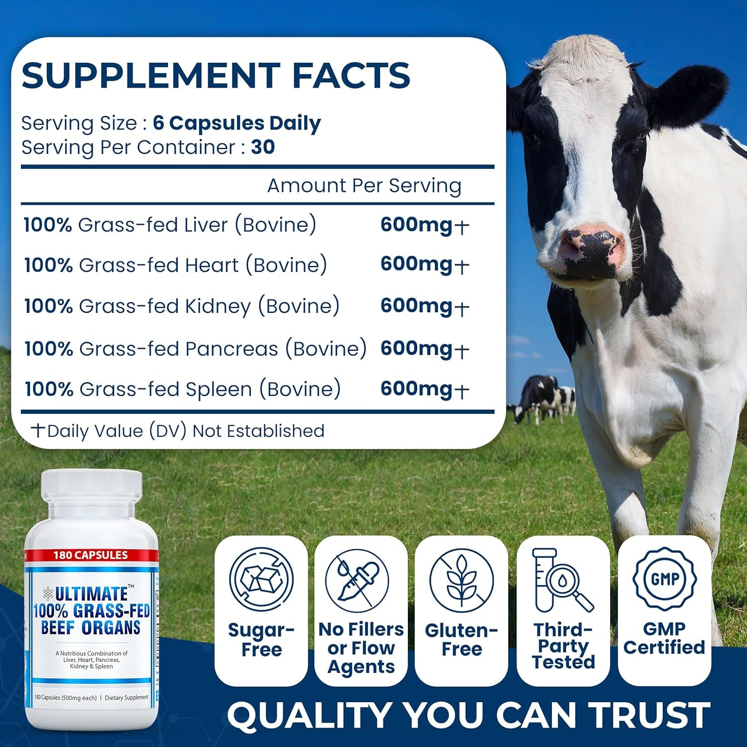 Ultimate 100% Grass Fed Beef Organs Supplement Supports Energy & Whole Body Wellness* with a Complex of Desiccated Beef Liver, Heart, Kidney, Pancreas & Spleen. Pesticide Free & Non-Gmo, 180 Capsules