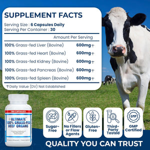 Ultimate 100% Grass Fed Beef Organs Supplement Supports Energy & Whole Body Wellness* with a Complex of Desiccated Beef Liver, Heart, Kidney, Pancreas & Spleen. Pesticide Free & Non-Gmo, 180 Capsules