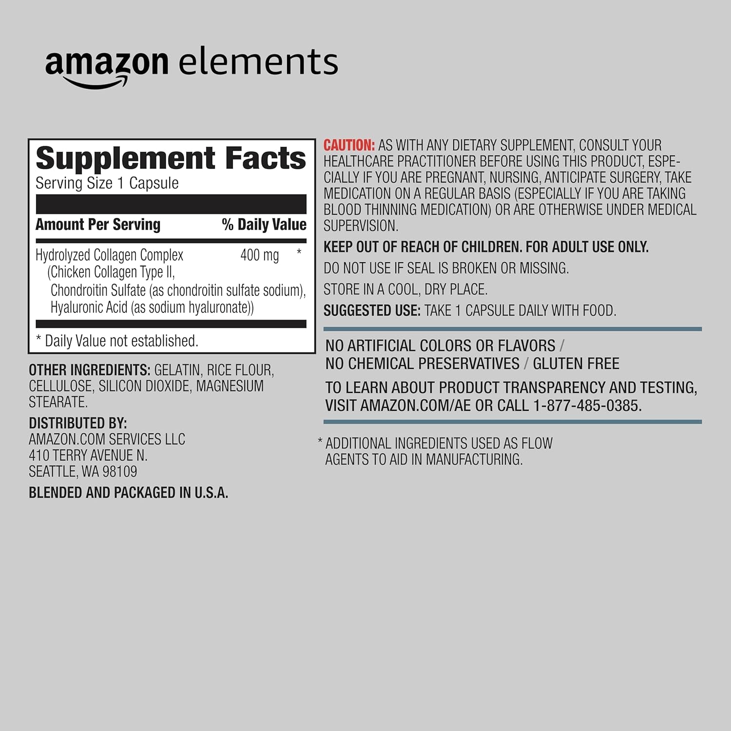 Amazon Elements Collagen Complex, Type II with Hyaluronic Acid, 90 Capsules, 3 Month Supply