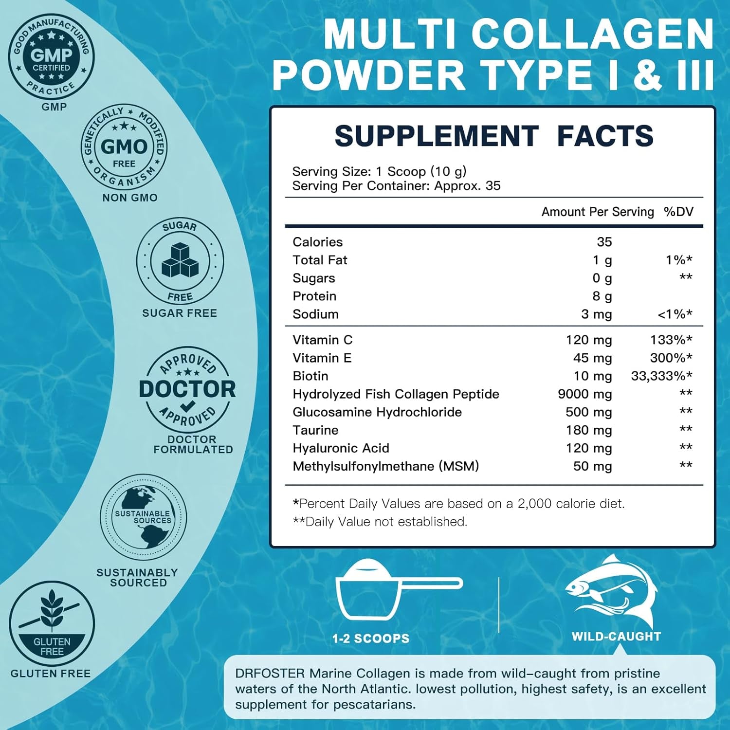 DRFOSTER Marine Collagen Peptides Powder for Joint Support, Hydrolyzed Type I & III Fish Collagen with MSM + GC, Hyaluronic Acid & Vitamin C for Skin, Hair & Nails, Wild-Caught Fish, 35 Servings