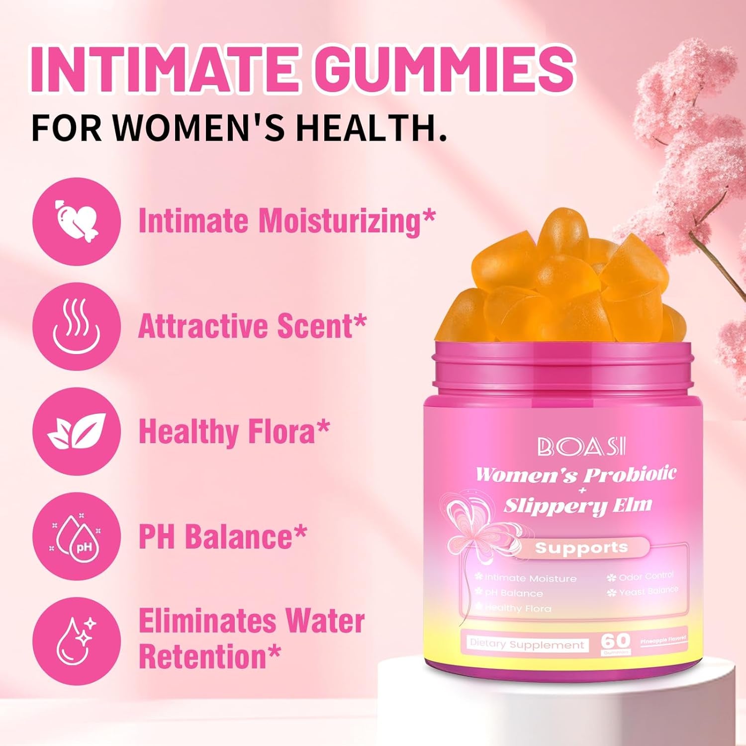 Women'S Probiotics Slippery Elm Gummies,Her Juicy PH Balance,Vaginal Feminine Probiotics Pineapple Gummies,Digestive,Immune Health