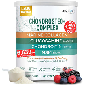 Granions Glucosamine Chondroitin MSM Powder 6,630Mg - Joint Supplements for Men and Women - Chondrosteo, Hydrolyzed Marine Collagen Peptides, Essential Vitamins Glucosamine Complex - Wild Berry 9.9Oz
