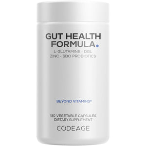 Codeage Gut Health Supplements Vegan Formula - L Glutamine, Zinc, Turkey Tail Mushroom Powder, Tonic Mushroom, Maitake, Micro Algae, Mineral, Licorice Root DGL - Probiotics, Prebiotics - 180 Capsules