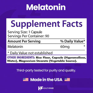 Healthfare Melatonin 60Mg | 90 Veg Capsules | High-Strength Formula | Vegetarian, Non-Gmo, Gluten-Free | Made in the USA