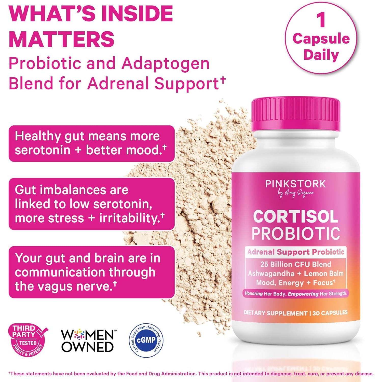 Pink Stork Cortisol Probiotic for Women – Mood and Adrenal Support Supplement – Ashwagandha, Lemon Balm, Chamomile, 25 Billion CFU – Gut Health, Energy, Focus – Lower Cortisol – 30 Capsules