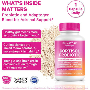Pink Stork Cortisol Probiotic for Women – Mood and Adrenal Support Supplement – Ashwagandha, Lemon Balm, Chamomile, 25 Billion CFU – Gut Health, Energy, Focus – Lower Cortisol – 30 Capsules