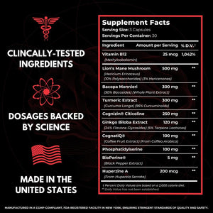 All-Natural Brain Supplement for Memory and Focus - Caffeine-Free Long-Term Cognitive Support - 10 Nootropic Ingredients Including Lion’S Mane, Bacopa, Turmeric, Ginkgo & Huperzine a - 90 Capsules