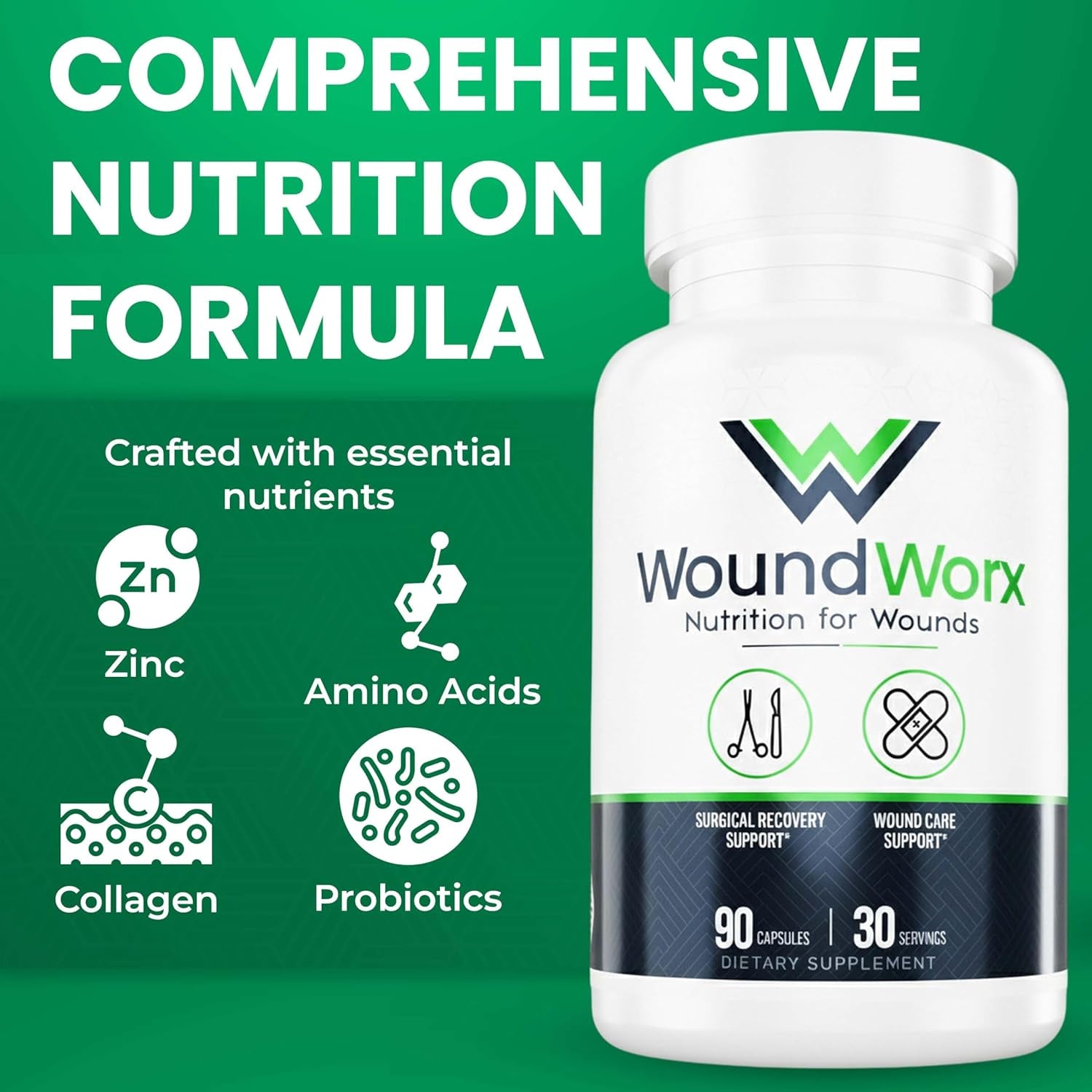 Free Life Labs Woundworx Nutrition-Scar and Surgery Support, Wound Care, General and Plastic Surgery, Faster Healing W/Vitamins, Amino Acids, Collagen, Probiotics, Turmeric, Bromelain-90 Caps