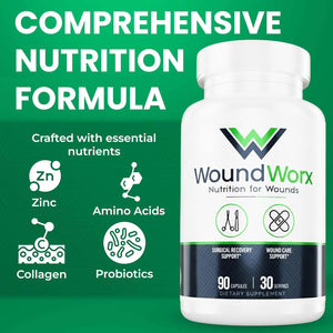 Free Life Labs Woundworx Nutrition-Scar and Surgery Support, Wound Care, General and Plastic Surgery, Faster Healing W/Vitamins, Amino Acids, Collagen, Probiotics, Turmeric, Bromelain-90 Caps