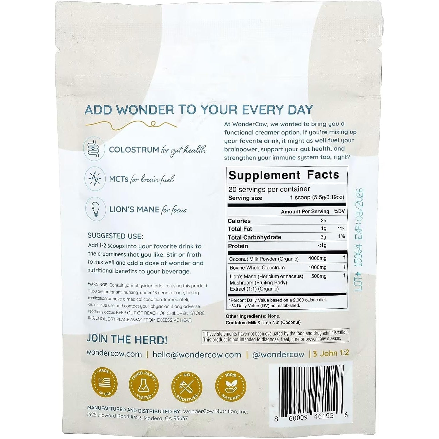 WONDERCOW Bovine Colostrum Superfood Creamer Supplement Powder W/Organic Lions Mane Mushroom & Coconut Milk Powder Mcts | Functional Sugar Free Keto Coffee, Smoothie & Drink Mix Unsweetened