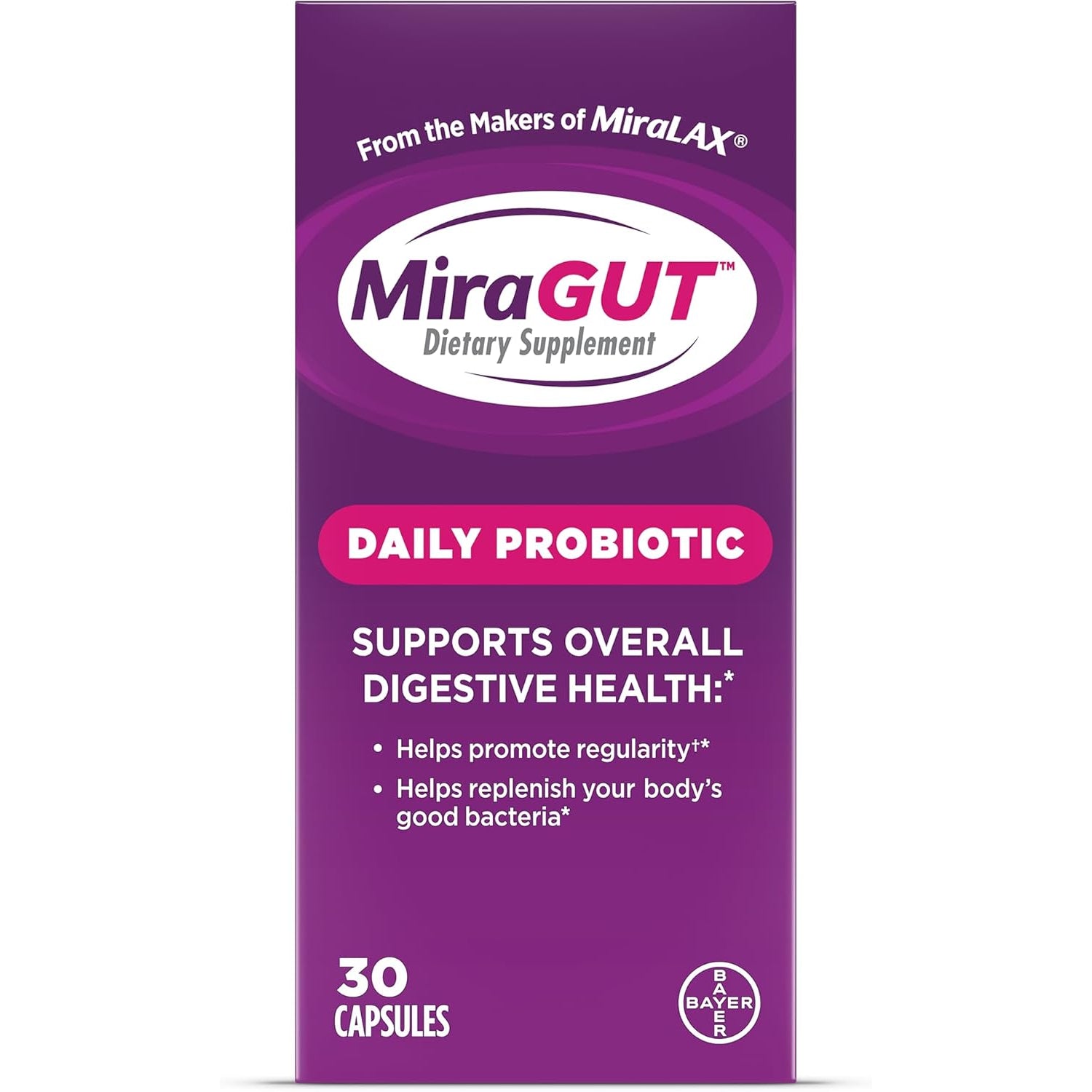 Miragut Daily Probiotic, from the Makers of Miralax, Probiotics for Digestive Health, Gluten-Free Supplement, Probiotic for Women and Men, Support Overall Digestive Health, 30 Ct