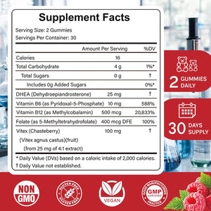 DHEA Supplement for Women, DHEA 25Mg Gummies with B6, B12, Folate and Chasteberry for Energy Support, Vegan, Raspberry Flavor, 60 Count