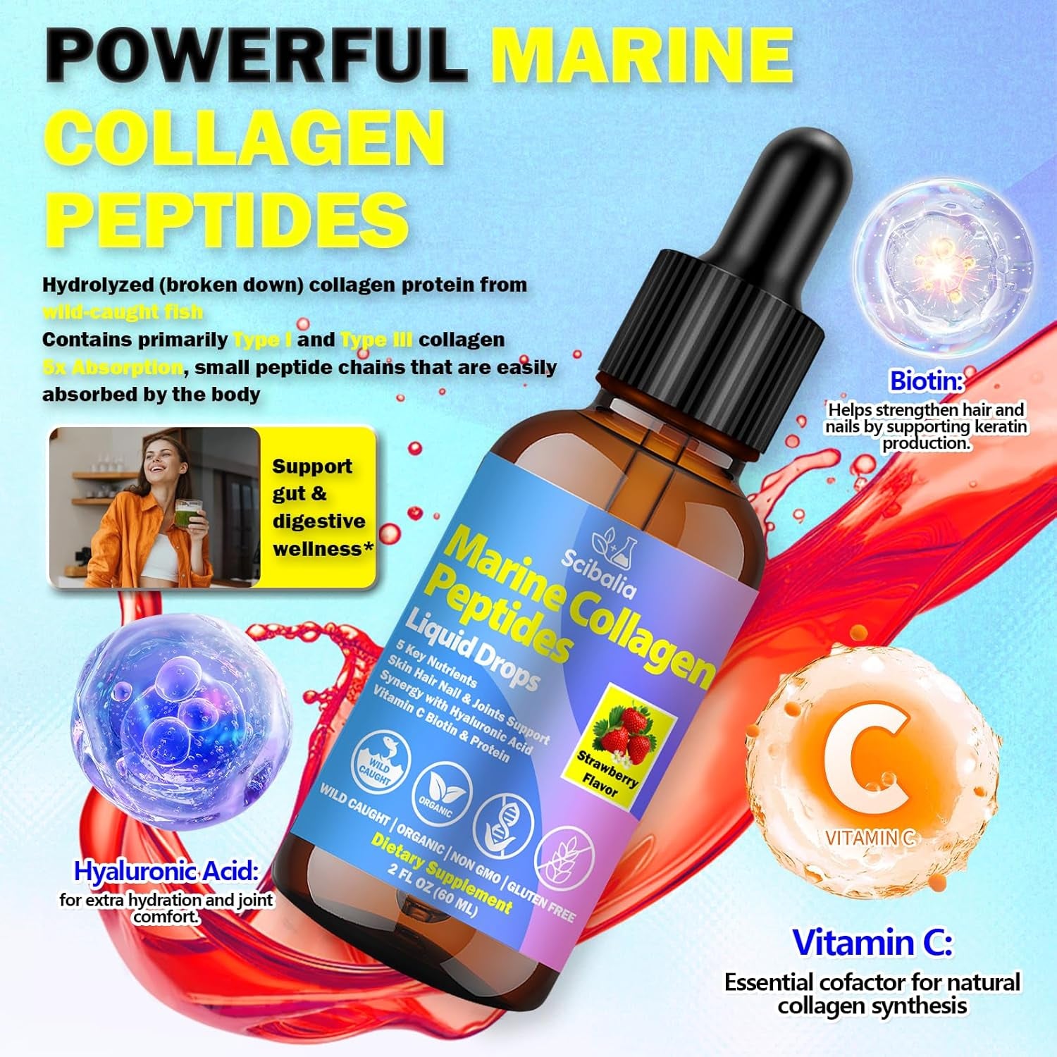 Marine Collagen Peptides Liquid Drops, Hydrolyzed Multi Type I & III Collagen W. Hyaluronic Acid Biotin Vitamin C for Joint, Skin, Hair & Nail, Liquid Marine Collagen High Absorption for Women Men