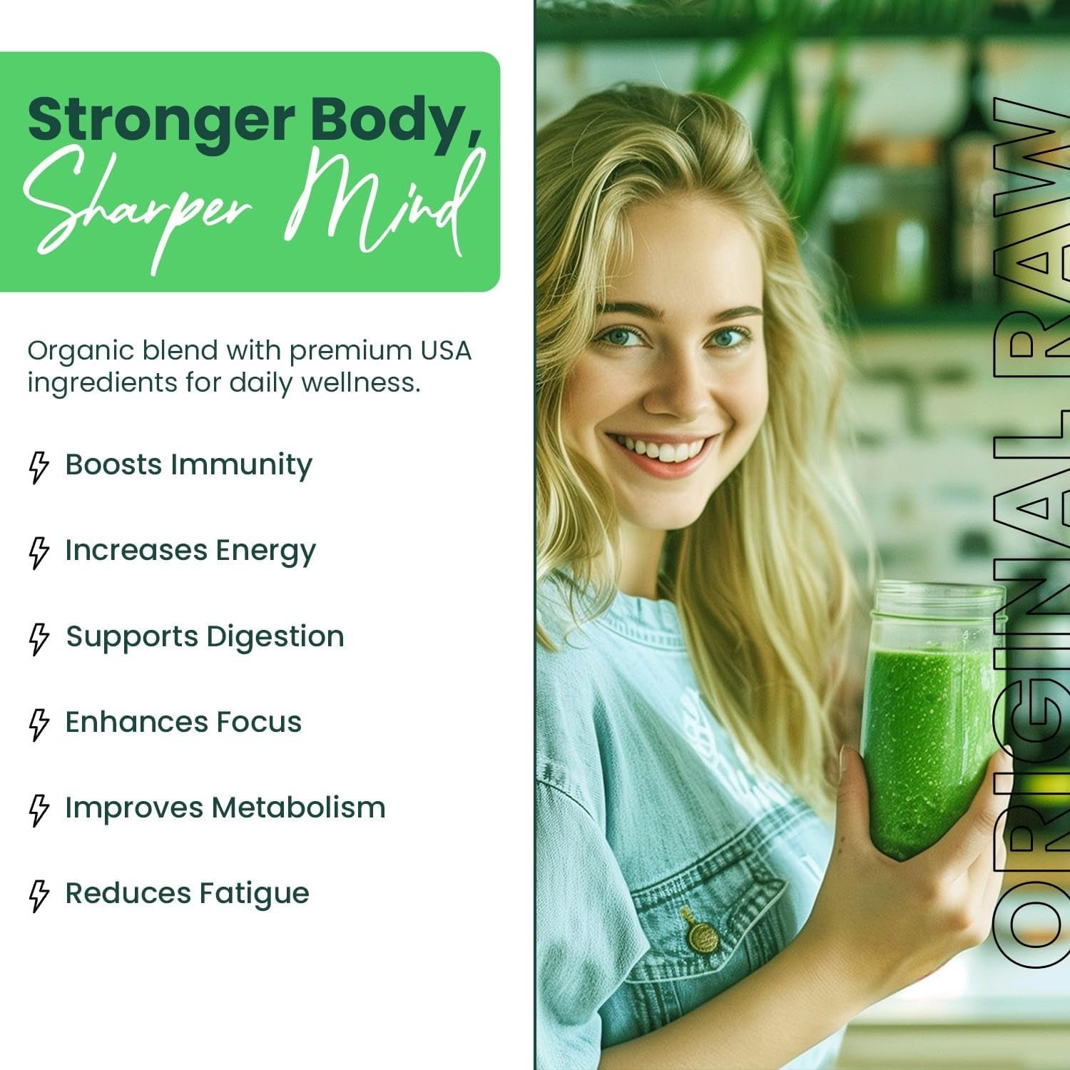 Greens+ Organic RAW Superfood Powder, Super Blend Immune Support, Morning Kick, Energy Boost, Nutrition Vibrant Health, Dietary Supplement, Vegan Soy/Dairy/Gluten Free(8.46Oz)