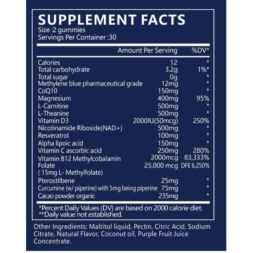 Methylene Blue Gummies 12Mg Cognitive Support W/Added Vitamin C, NAD,L Methylfolate, Methylcobalamin B12, Mitochondrial Support, Brain Health & Focus, Clarity, Methylated Vitamins