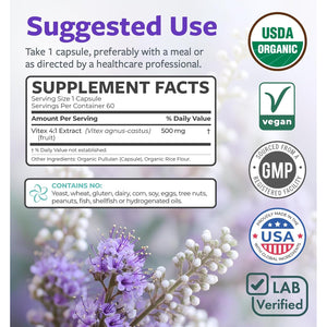 Organic Vitex Chasteberry Supplement for Women - High Strength Chaste Tree Berry Extract Supports Hormone Balance for Women from PMS to Menopause - Filler Free Vegan & Non-Gmo (2 Month Supply)