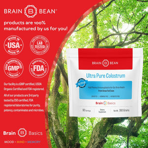 Brain Basics Ultra-Pure Colostrum, 4000Mg per Serving, Min 25% Igg Antibodies, Gut-Brain-Immune Health, Glowing Hair and Skin. Colostrum Powder from Grass-Fed Cows. 360 Grams - 90 Servings