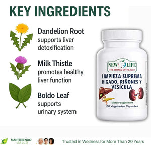 New Life Limpieza Suprema Hígado Riñones Y Vesicula, Healthy Liver Supplement, Dandelion Root, Milk Thistle Extract, 100 Capsules