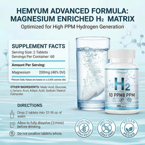 Hydrogen Water Tablets, H2 Molecular Hydrogen with Magnesium, 10 PPM Hydrogen Tablets for Drinking Water, Supports Physical Recovery, Brain Health&Cellular Energy - Non-Gmo, Gluten-Free 120 Tablets.