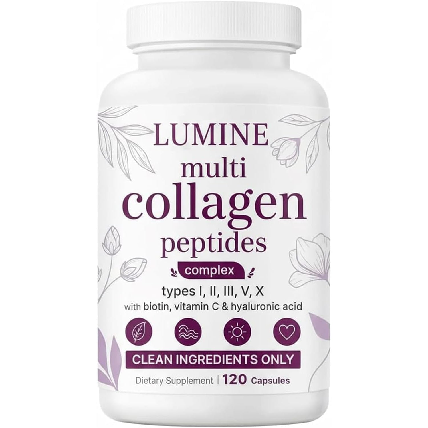 LUMINE Multi Collagen Complex Capsules, Collagen Peptides, Non-Gmo Ingredients,Free from Gluten and Soy. Vegan-Friendly, 120Capsules / 60 Servings