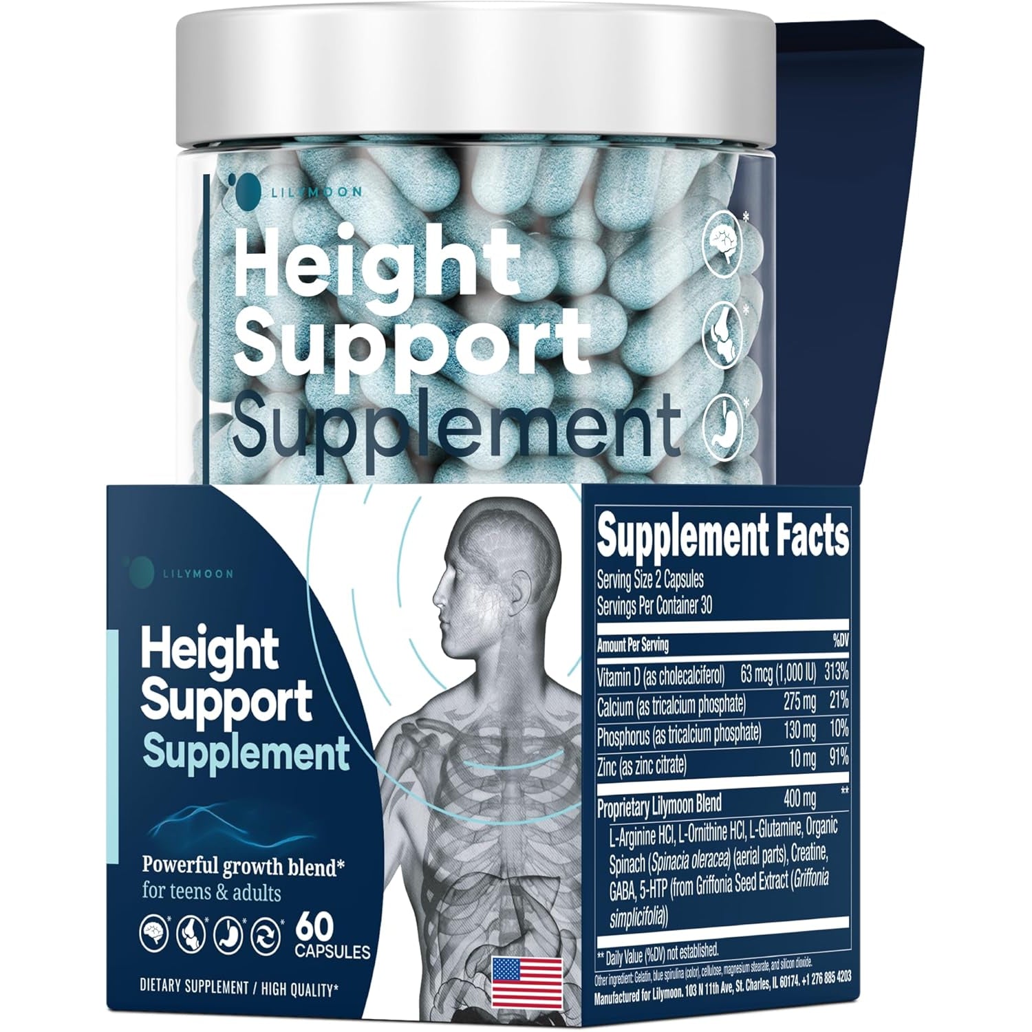 Height & Bone Support Supplement - Premium Height Growth Supplement for Kids & Teens with Calcium - Nutritional Support Bone Health Formula - Height Increase Essential Vitamins - 60 Caps