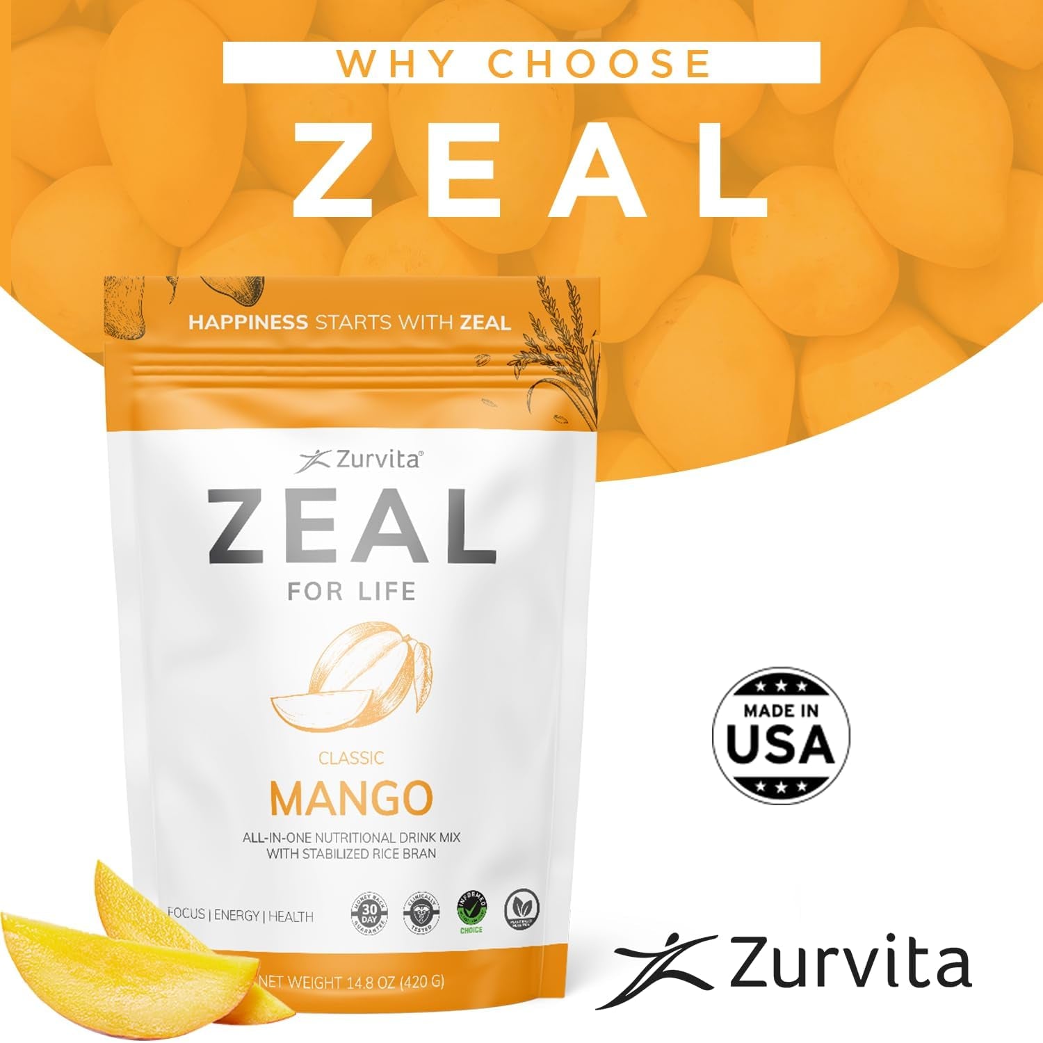 Zurvita Zeal for Life Wellness Drink Mix - Mango Flavor - Gluten-Free, Vegan, with Biotin, Vitamins B12, C, D, E, Iron, Magnesium - 30 Servings (420G)