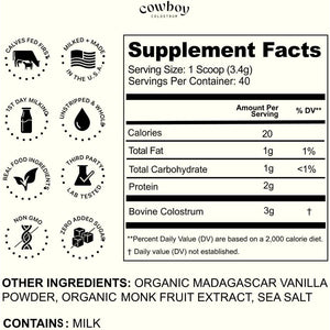 Cowboy - the Exclusive 1St Milking, Whole, Grass Fed Colostrum Supplement for Full Body Health - Bovine Colostrum Powder Packed W/Bioactive Nutrients - Sugar Free (Vanilla, 40 Servings)
