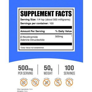 Bulksupplements.Com NAD Powder - Nicotinamide Adenine Dinucleotide, NAD Supplement 500Mg - for Energy Support, Pure & Gluten Free, 500Mg per Serving, 50G (1.8 Oz) (Pack of 1)