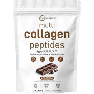 Micro Ingredients Multi Collagen Peptides Powder, 2Lb | Type I, II, III, V, X + Biotin, Vitamin C & Hyaluronic Acid | Chocolate Flavor | Supports Hair, Skin & Joint Health | Keto, Non-Gmo