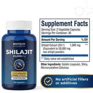 Biotech Labs Shilajit 20,000Mg – Gold Grade Himalayan Extract | High Fulvic Acid, 85+ Trace Minerals | Energy, Vitality & Testosterone Support | Men’S Wellness & Performance | 60 Capsules