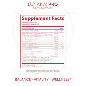 Lunakai USA Made GLP-1 Supplement - Natural GLP 1 Support with Probiotics & Resveratrol – Supports Weight Management, Cravings & Metabolism, 60Ct