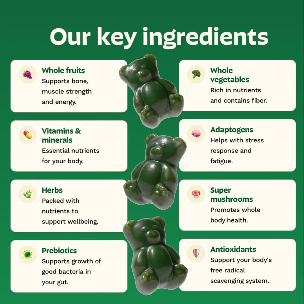 Gruns Adult Super Greens Multivitamin Gummies, Superfood Gummy Vitamins for Women and Men with Spirulina, Chlorella, Adaptogens & Prebiotic Fiber for Digestive Health (28 Count)