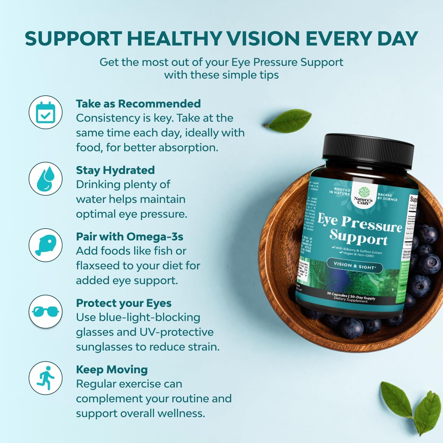 Natures Craft Eye Pressure Support with Bilberry Extract - Vegan Eye Health Supplement for Adults for Ocular Pressure Relief with Saffron Ginkgo Niacin and More Vitamins Vision Support - 30 Count