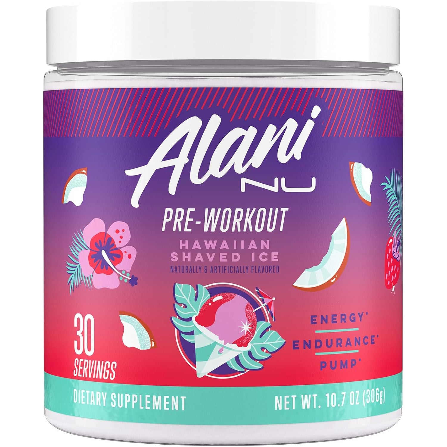 Alani Nu Pre Workout Powder Hawaiian Shaved ICE, Amino Energy Boost, Endurance Supplement, Sugar Free, 200Mg Caffeine, L-Theanine, Beta-Alanine, L-Citrulline, 30 Servings
