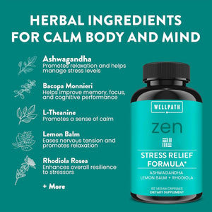 Wellpath Zen Stress Relief Supplement + Mood Support | Calm, Stress & Energy Support | Ashwagandha Root, Rhodiola Rosea, L-Theanine, Lemon Balm | Herbal Capsules, 60 Ct