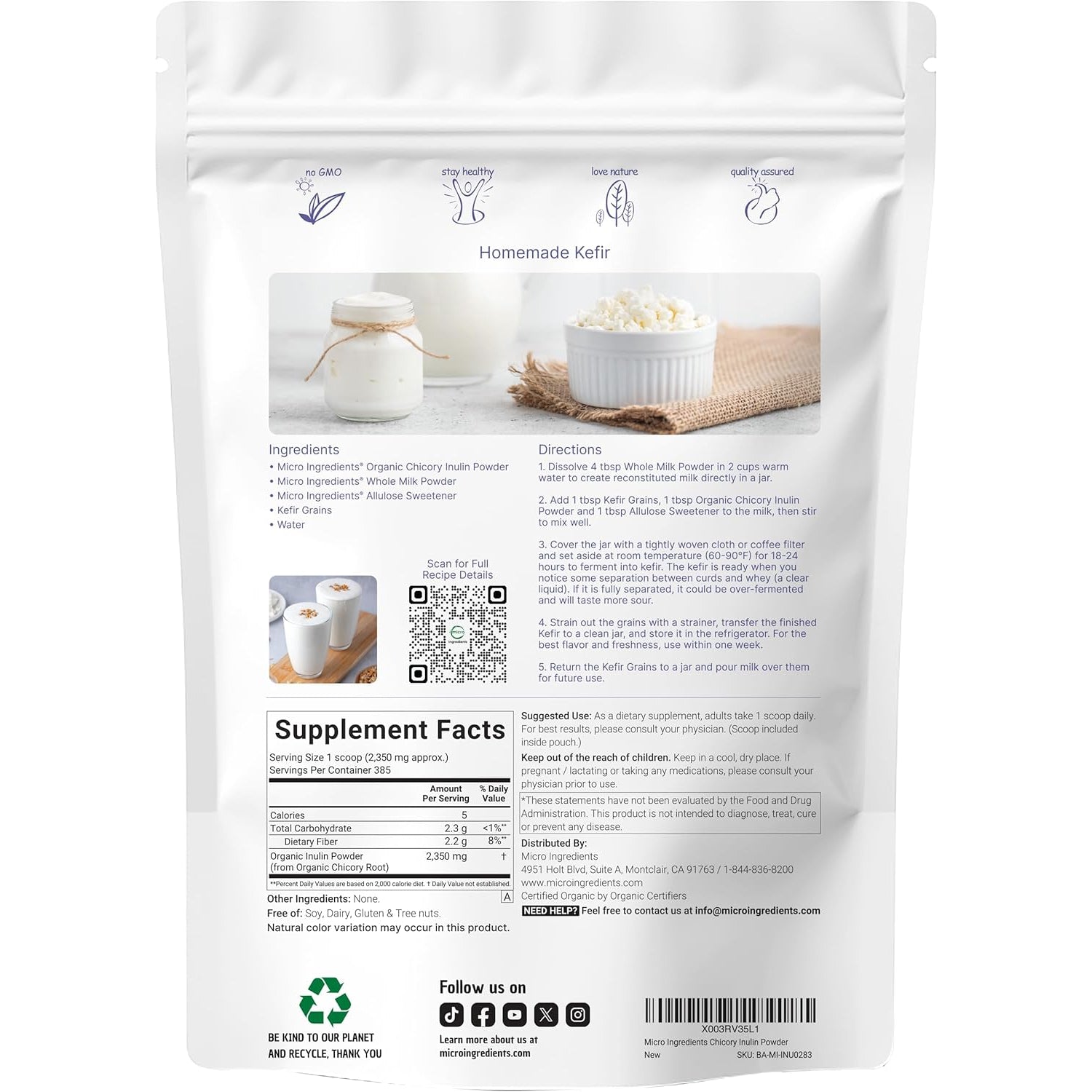 Micro Ingredients Organic Inulin Fiber Powder, 2Lb | Natural Prebiotic to Support Digestive & Gut Health | Soluble, Easily Digestible | Unflavored, Vegan