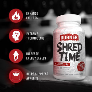 5% Nutrition Shred Time Fat Burner | Green Tea, Coffee Bean, Cayenne, Theobromine, GBB | Appetite Suppression | 30 Servings (180 Capsules)