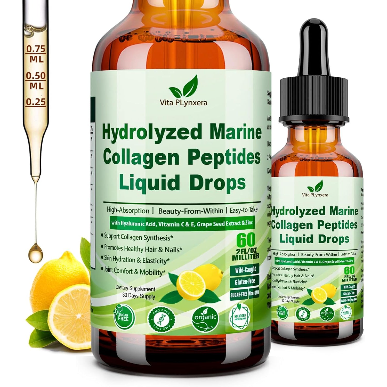 Marine Collagen Peptides Liquid Drops, Hydrolyzed Multi Type I & III Collagen W. Vitamin C E Grape Seed Extract for Joint, Skin, Hair & Nail, Liquid Collagen High Absorption for Women Men, Wild-Caught