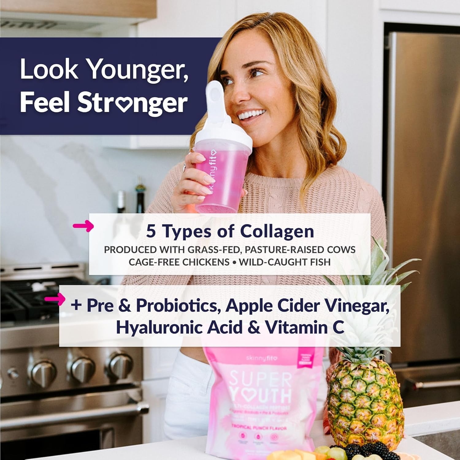 Skinnyfit - Super Youth Collagen for Women - Multi Collagen Peptides Powder - Probiotics, Fiber, Hyaluronic Acid - Non GMO, Gluten Free, Sugar Free - Beauty & Self Care - Tropical Punch (28 Servings)