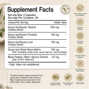 Beef Organ Supplement for Men 100% Grass Fed Beef Testicle, Prostate, Liver & Bone Matrix High Absorption with Black Pepper Non-Gmo, Hormone Free, Made in USA 90 Capsules