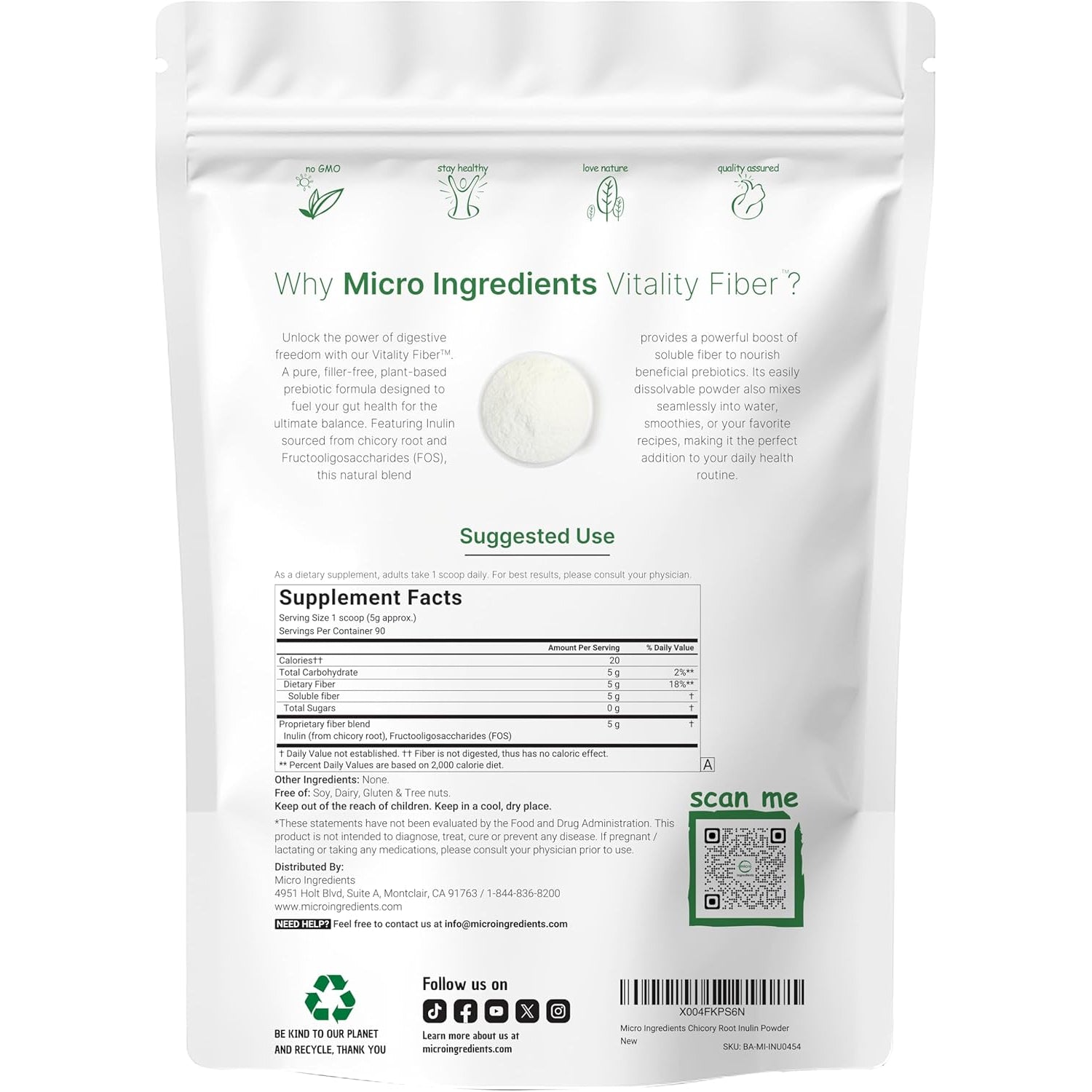 Micro Ingredients Vitality Prebiotic Fiber Powder, 1Lb | Easy Mix Powder for Digestive & Gut Health | Daily Prebiotic Soluble Fiber Supplement for Women and Men | Unflavored, Sugar Free & Vegan